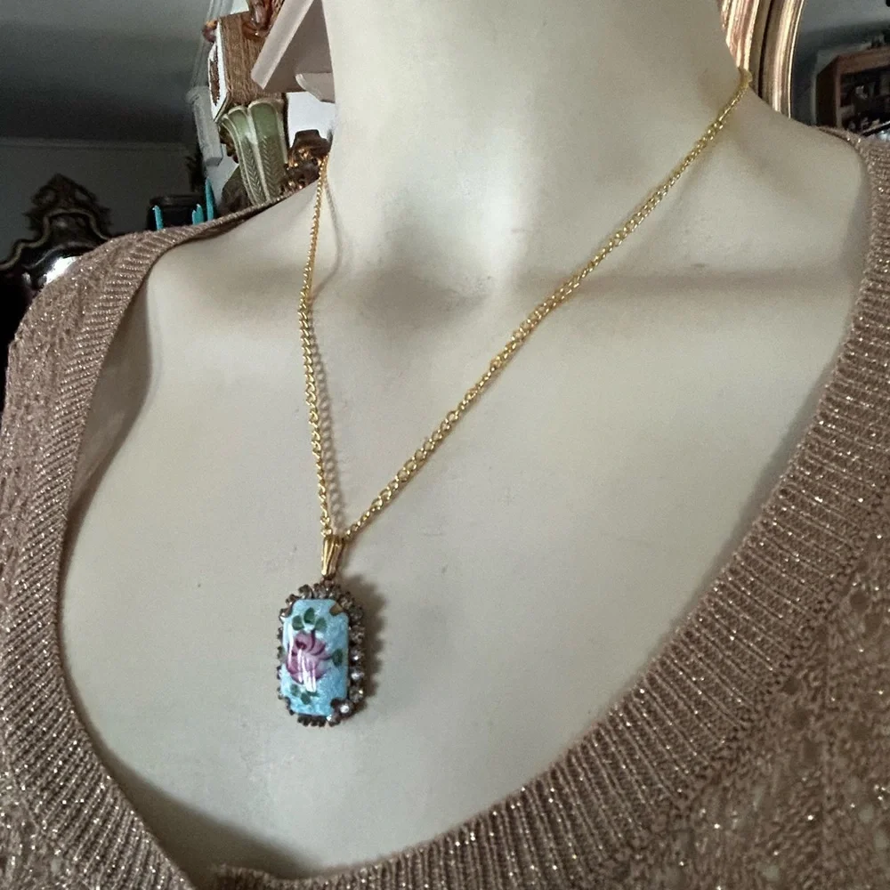 Vintage Guilloché Rose Pendant Necklace